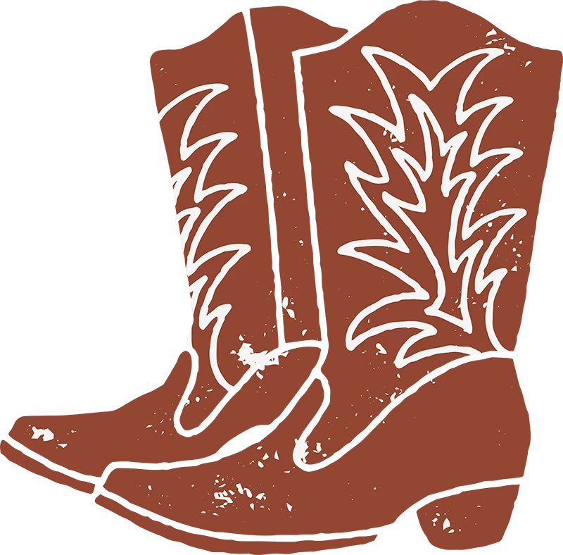 A stylized graphic of leather cowboy boots with intricate stitching on the side.