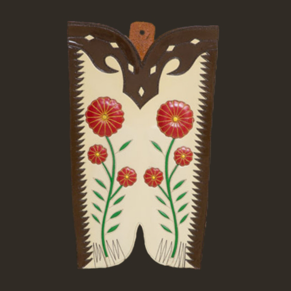 A decorative boot top adorned with floral patterns and brown, red, and green colors on a beige background.