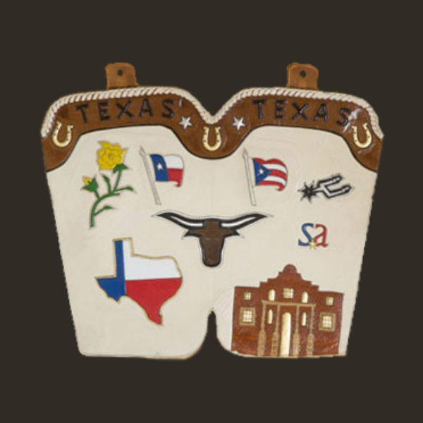 A decorative boot top featuring the Alamo, Longhorn, flowers, flags, and a map of Texas.