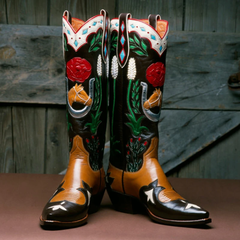 A pair of intricately designed cowboy boots with colorful embroidery, including roses, wheat stalks, and horseshoes, set against a wooden background.