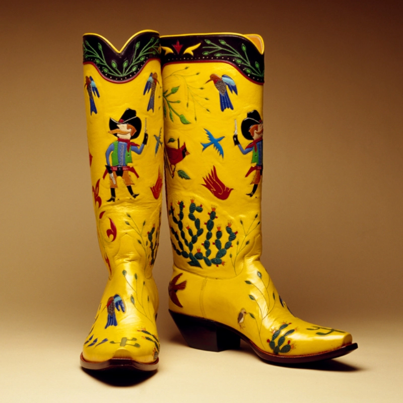 A pair of bright yellow custom handmade cowboy boots with colorful embroidered designs featuring people, birds, and plants.