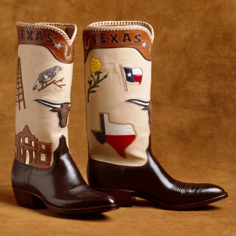 A pair of custom handmade cowboy boots with Texas-themed designs, including the state flag, a yellow rose, a longhorn, and an oil rig on a tan background.