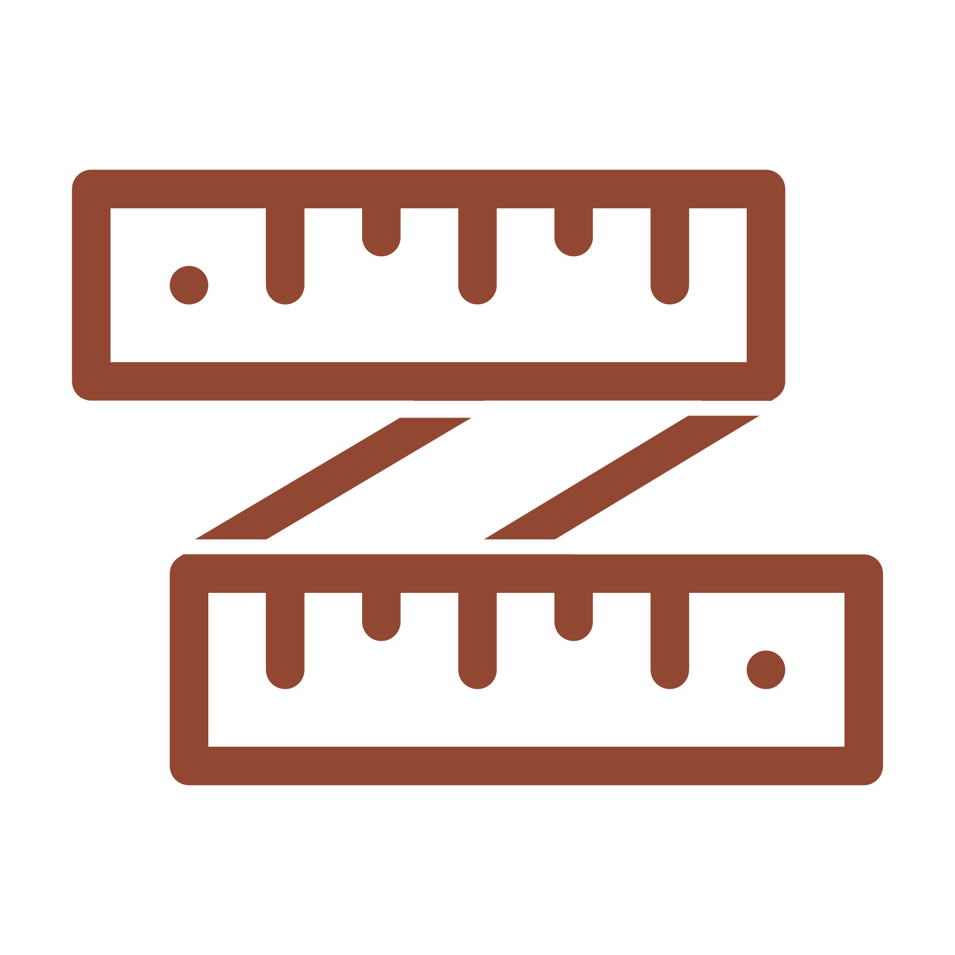 A brown icon depicting two overlapping rulers in a zigzag formation, reminiscent of the precision and craftsmanship found in handmade cowboy boots in Texas.