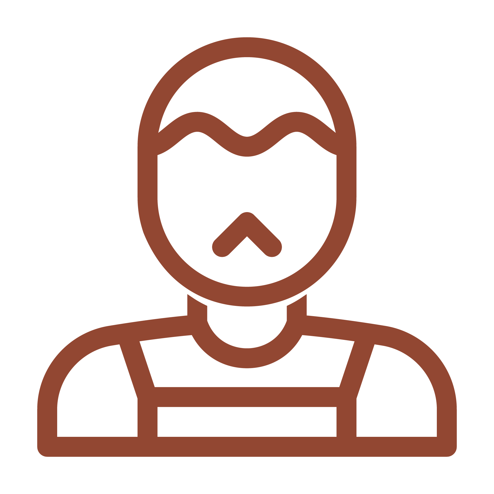 A simple brown outline icon of a person wearing a shirt with an apron.