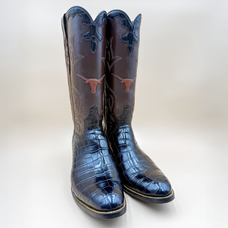 Custom alligator boots by Little's Boot Company with a personalized monogram and handcrafted for an iconic Texas style.