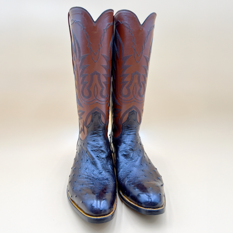 Two-tone ostrich boots with a tall, detailed shaft and full-quill texture. Handcrafted for standout Western style by Little's Boot Company.