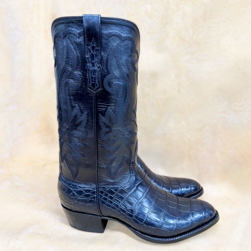 Custom alligator cowboy boots with sleek black leather and handcrafted Texas craftsmanship by Little’s Boot Company.