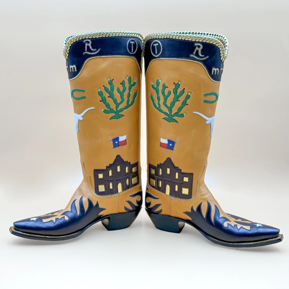 Handcrafted by Little’s, these calf leather boots feature Alamo inlays, Texas flags, and bold artistry inspired by San Antonio heritage.